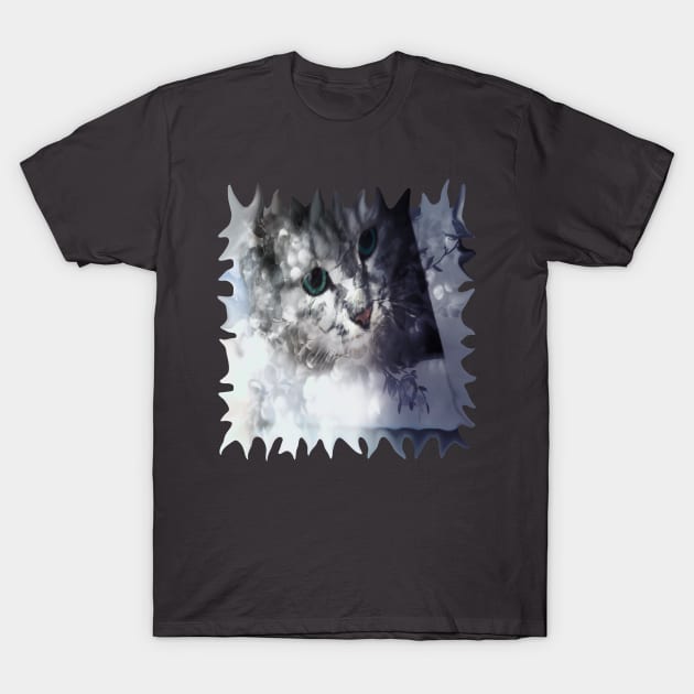 Green-eyed Kitty Peering Through the Cloudy Bush T-Shirt by distortionart